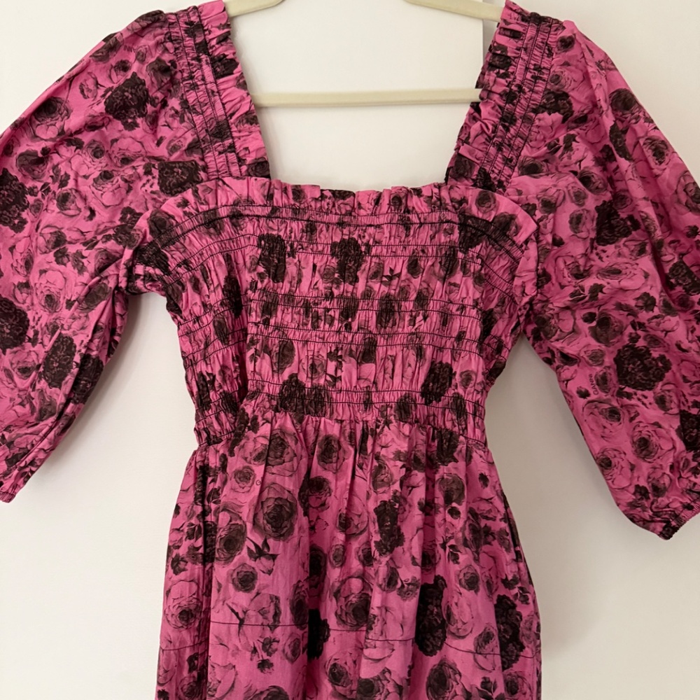 GANNI Pink and Black Floral Smocked Cotton Top - Sz 38 US 6 - Picture 5 of 12